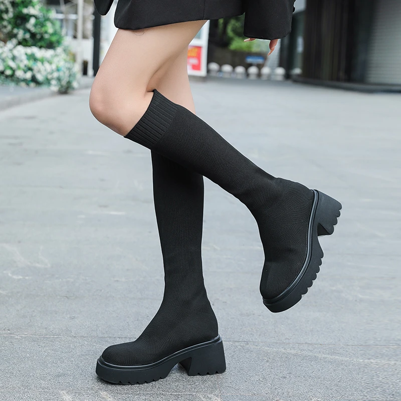 时尚高筒针织袜靴女潮靴秋冬弹力套筒粗跟厚底高筒靴显瘦弹力长靴