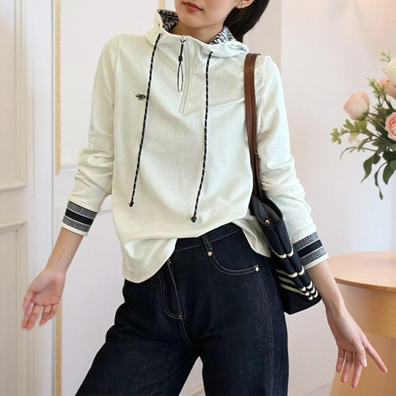 拼接气质休闲上衣女2024年春秋款宽松显瘦连帽长袖卫衣女百搭洋气