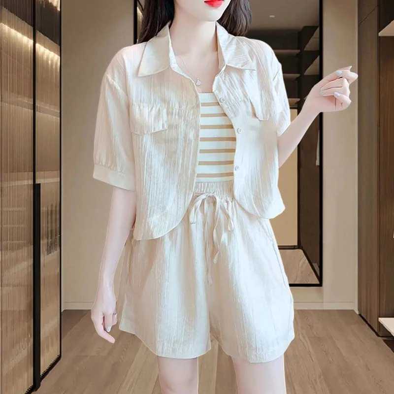 2025夏季新款时尚防晒衫上衣衬衫短裤洋气三件套小个子休闲套装女
