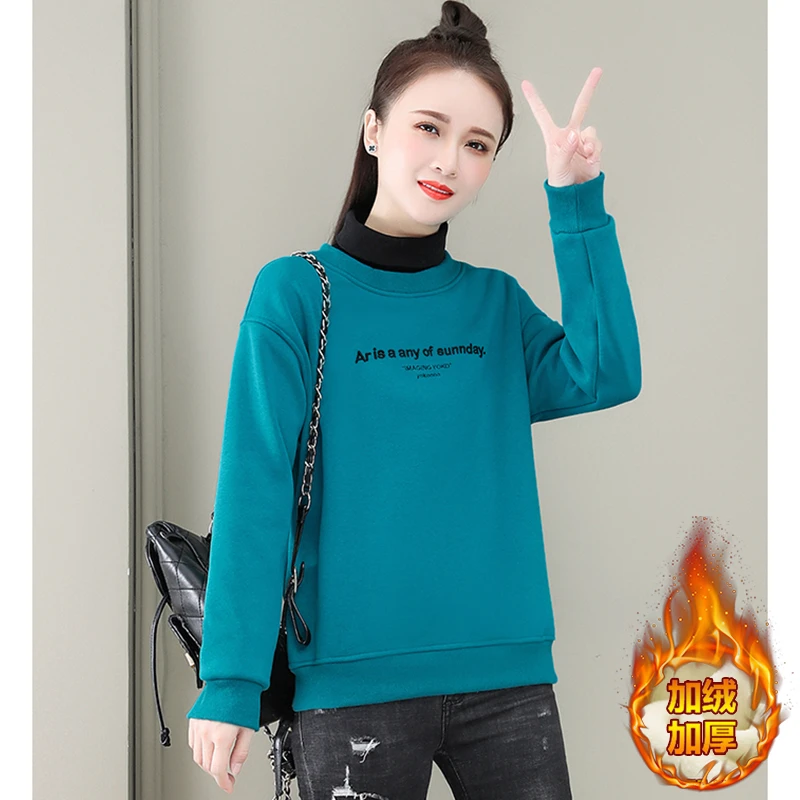 半高领卫衣女士2024年秋冬季新款假两件加绒加厚时尚洋气短款上衣