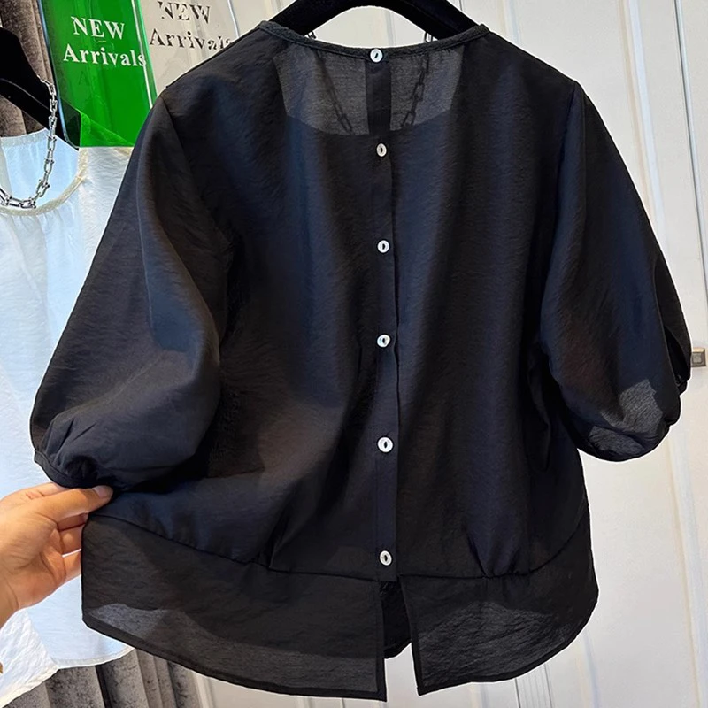复古七分袖衬衫女薄款夏季2025新款后背排扣宽松遮肉透气短款衬衣