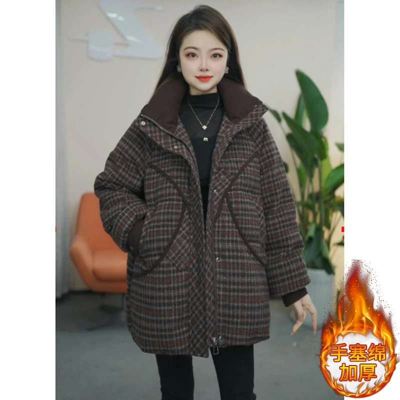 韩版时尚格子中长款棉服外套女秋冬2024新款休闲保暖加厚棉衣棉袄