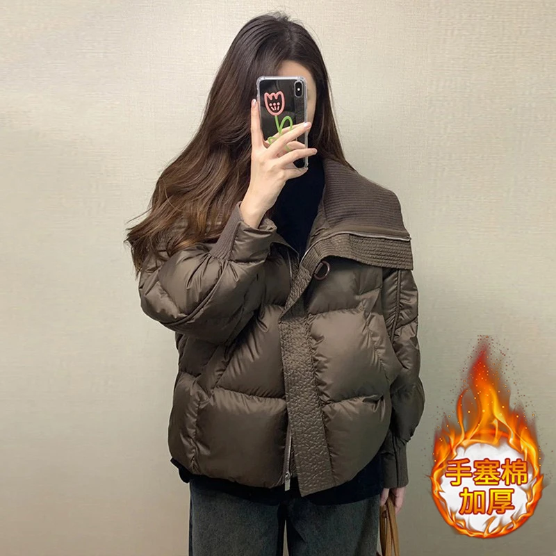 高级感针织拼接翻领短款棉衣外套女冬季新款防风保暖加厚面包棉服