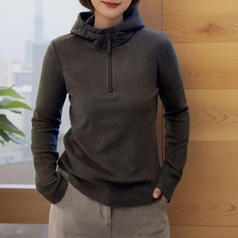 2025年春秋季新款韩版半开领连帽洋气小个子女士设计感百搭上衣潮