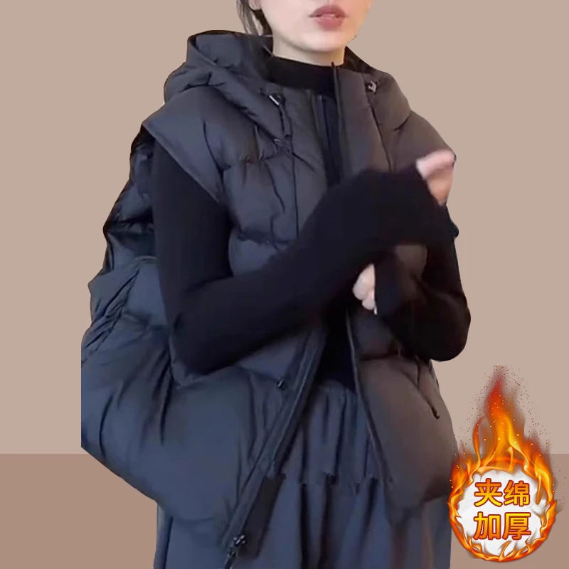 纯色连帽马甲背心女2024年秋冬季新款宽松设计感洋气马夹外套上衣