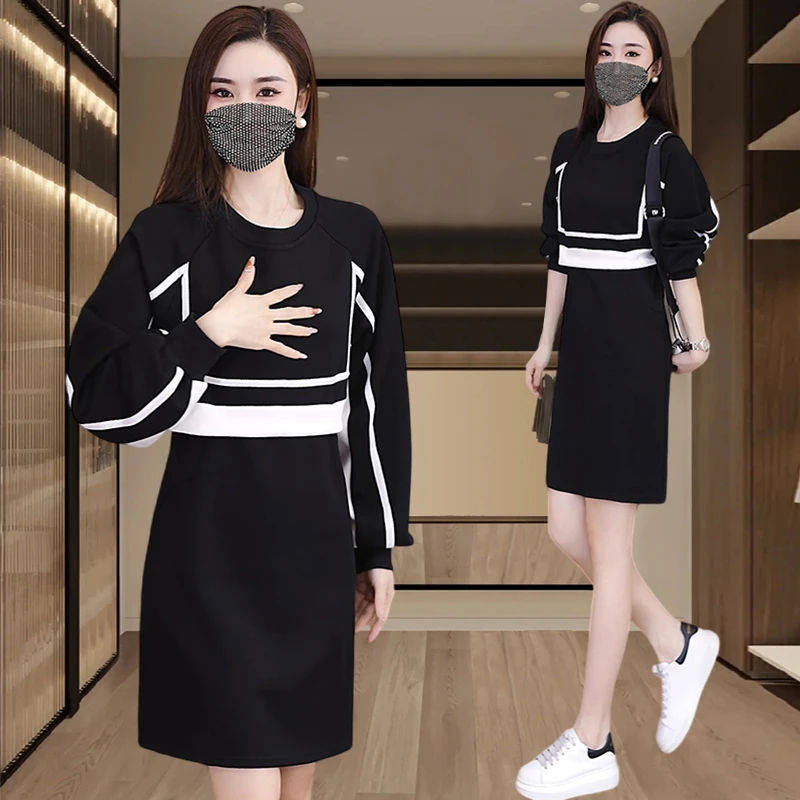 女士时尚连衣裙2025年春季新款假两件连身裙女装长袖裙子穿搭套装