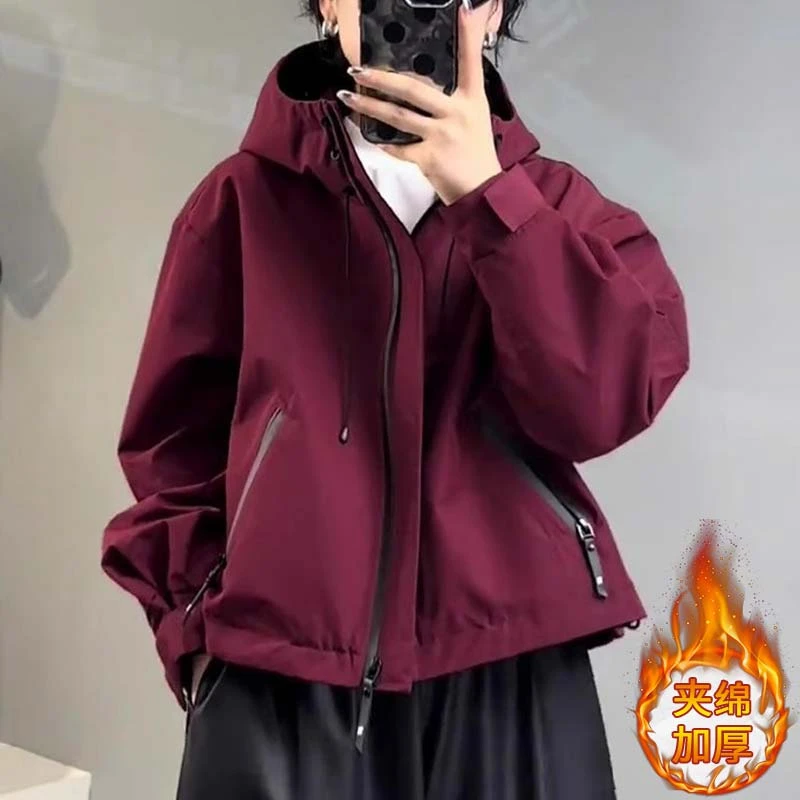 高级感夹棉加厚连帽外套女2024年秋冬季新款韩版拉链夹克流行上衣