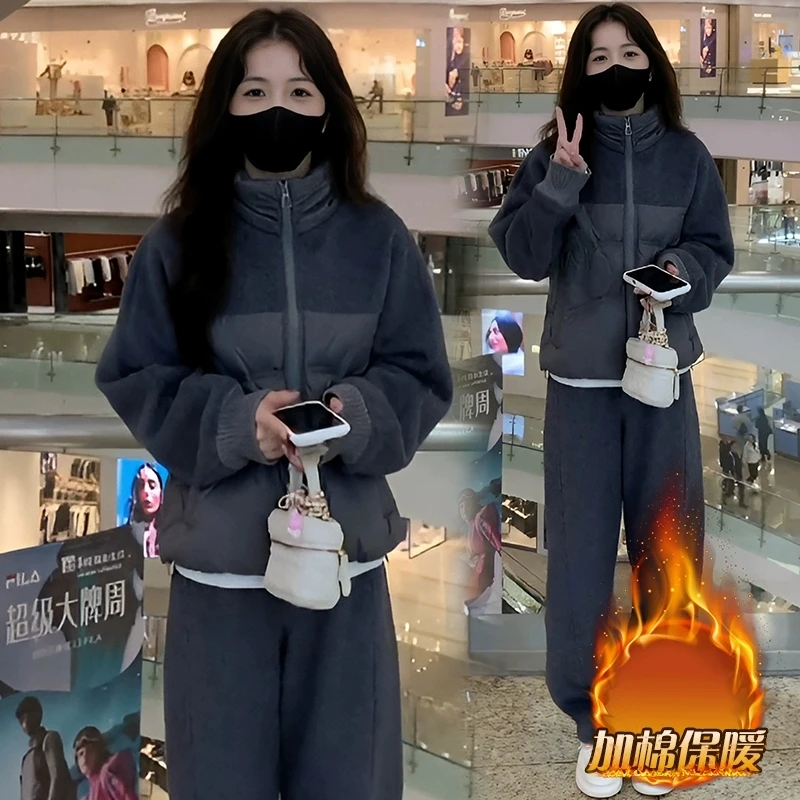 欧货款套装女2024年秋冬新款装设计感韩版加厚棉服外套裤子两件套