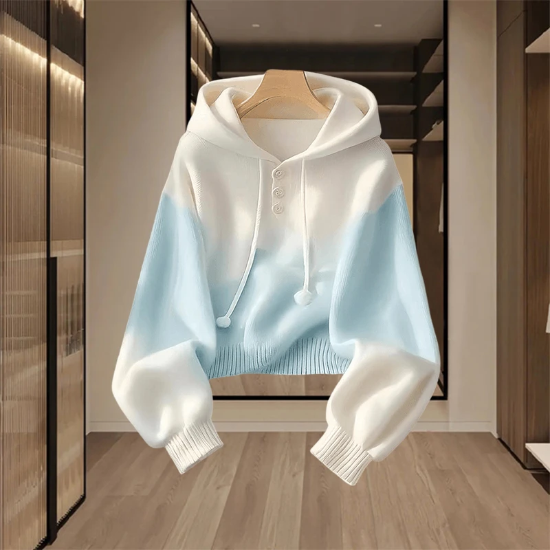 蓝色渐变连帽针织衫女装2025年春秋季新款韩系慵懒设计感洋气毛衣