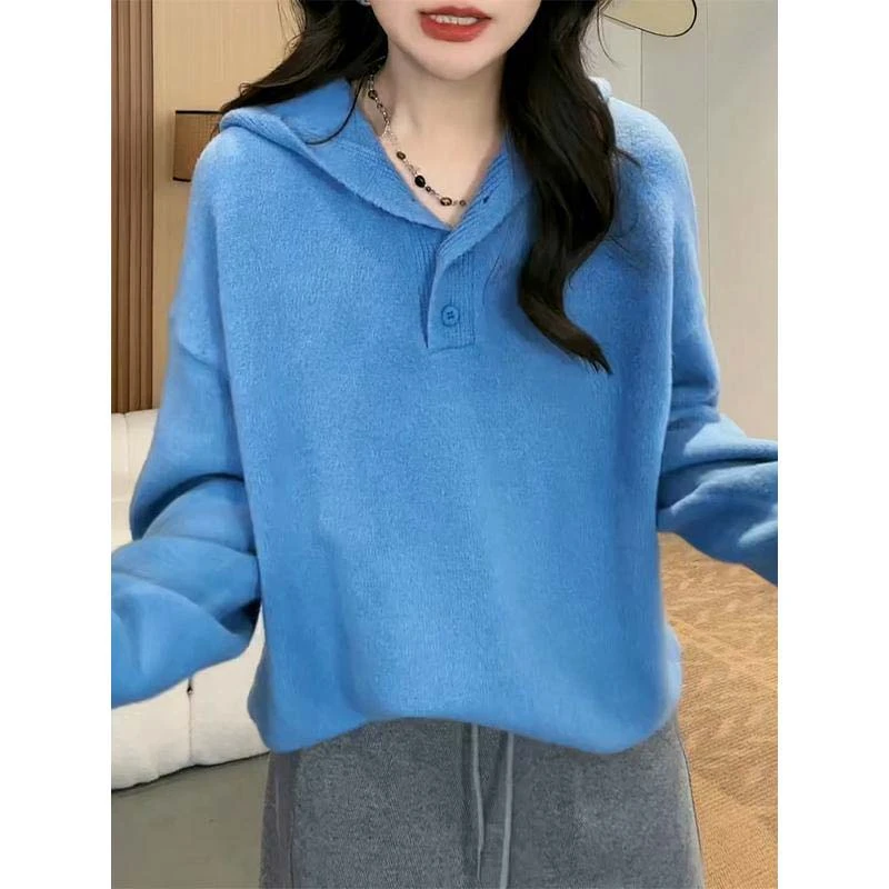 时尚设计感连帽针织衫女2024年春秋季新款内搭纯色打底衫长袖毛衣