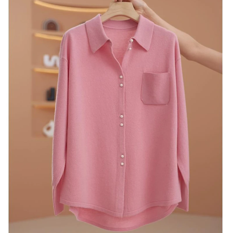 POLO领设计感长袖针织外套女士2024春秋新款宽松大码女装纯色衬衣