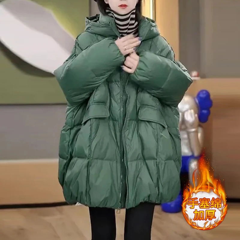 2024冬装新款加厚棉服女中长款宽松大码斗篷保暖连帽棉衣外套女