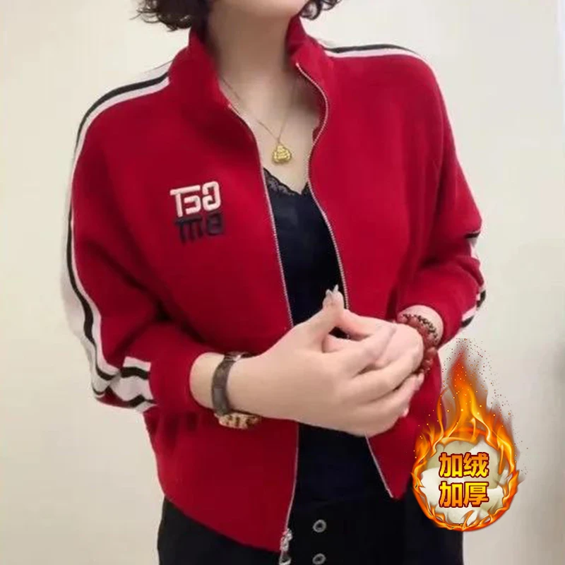 加绒棒球服外套女2025年秋冬新款大码短款立领小个子休闲夹克上衣