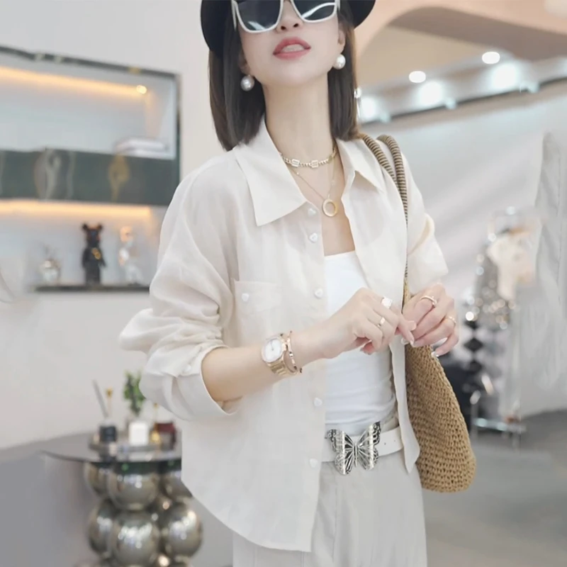 夏季薄款冰丝防晒衬衫女韩版休闲时尚翻领百搭短款防晒衣纯色外套