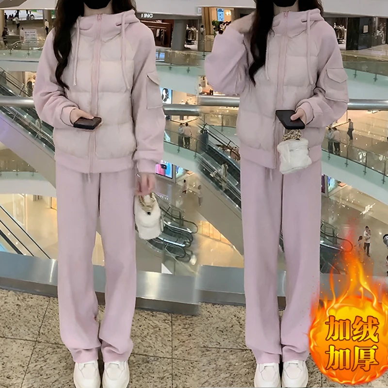 2024冬装新款设计感棉服卫衣外套+加绒裤子时尚休闲套装两件套女