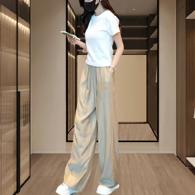 夏装搭配一整套时尚网红炸街今年流行显瘦T恤冰丝阔腿裤两件套装