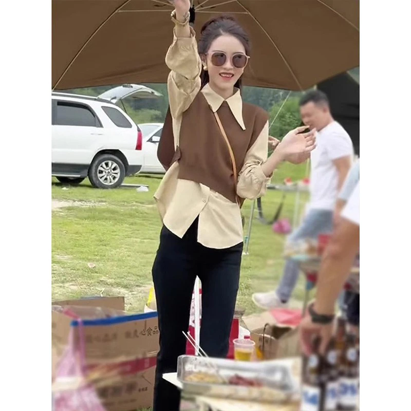 早春秋女装2025新款小个子穿搭一整套微胖假两件上衣裤子两件套装