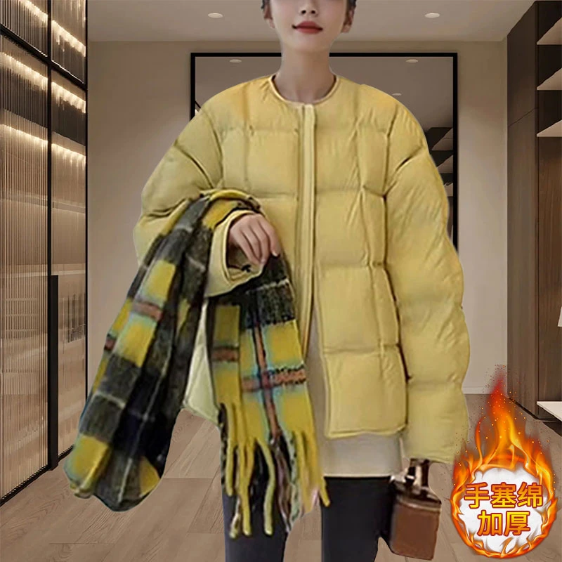 2024年秋冬季新款韩版洋气纯色高级感圆领棉服女时尚加厚保暖外套