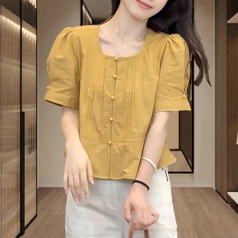 衬衫短袖雪纺衫女2025新款夏季爆款设计感小众宽松显瘦泡泡袖上衣