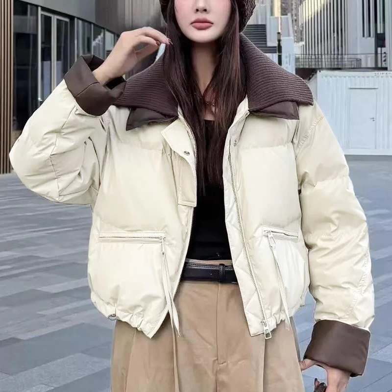 2024冬季新款拼接撞色针织领棉服外套女士显瘦小个子加厚保暖棉衣