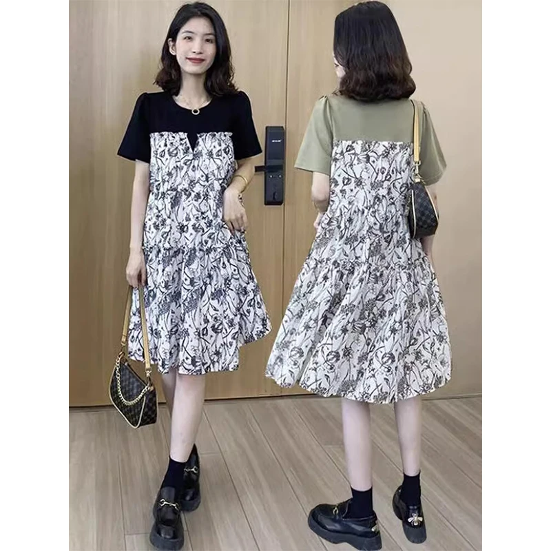 韩版假两件撞色拼接碎花连衣裙女夏季新款洋气减龄休闲中长款裙子