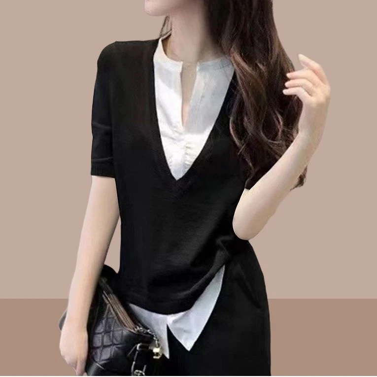 洋气网红假两件短袖t恤女士2025夏季新款流行短款设计感小众上衣