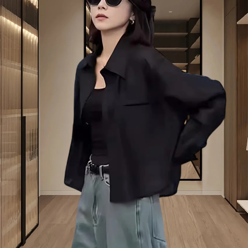 薄款长袖防晒衬衣外套女2025新款夏季设计感小众短款衬衣气质上衣