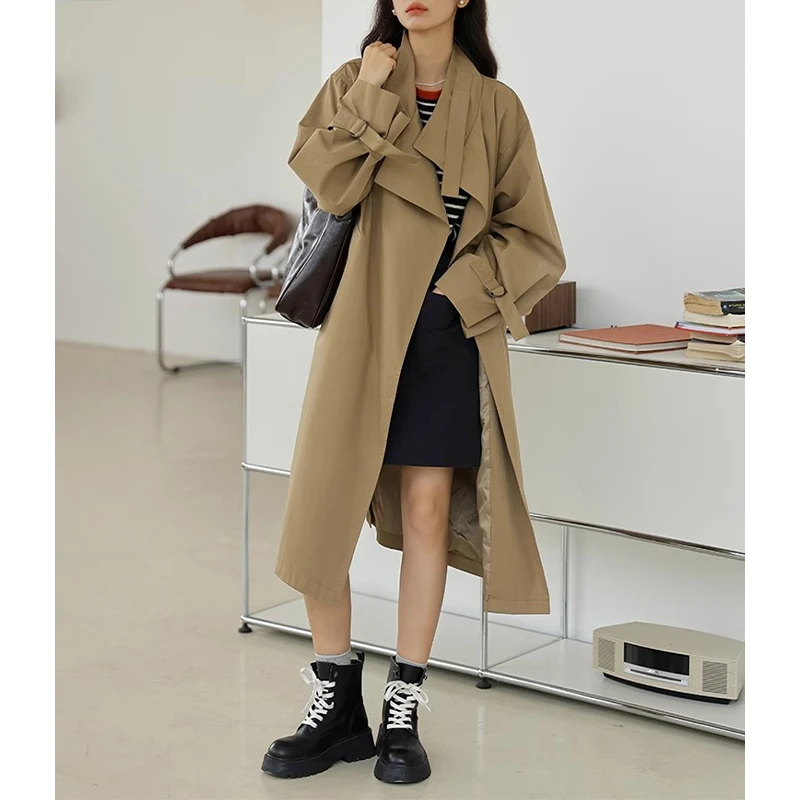 欧货2024新款小众独特别致秋季高级感卡其色立领长款风衣外套女士