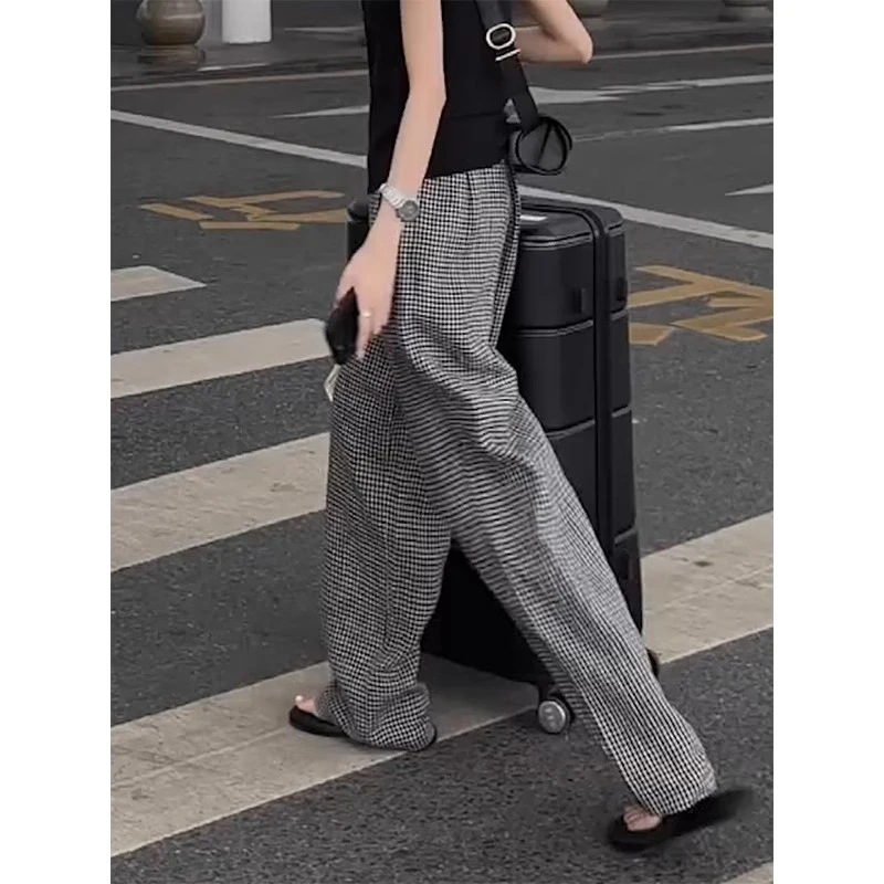 格子裤女士2025夏季新款高腰显瘦时尚气质百搭松紧腰宽松阔腿裤子