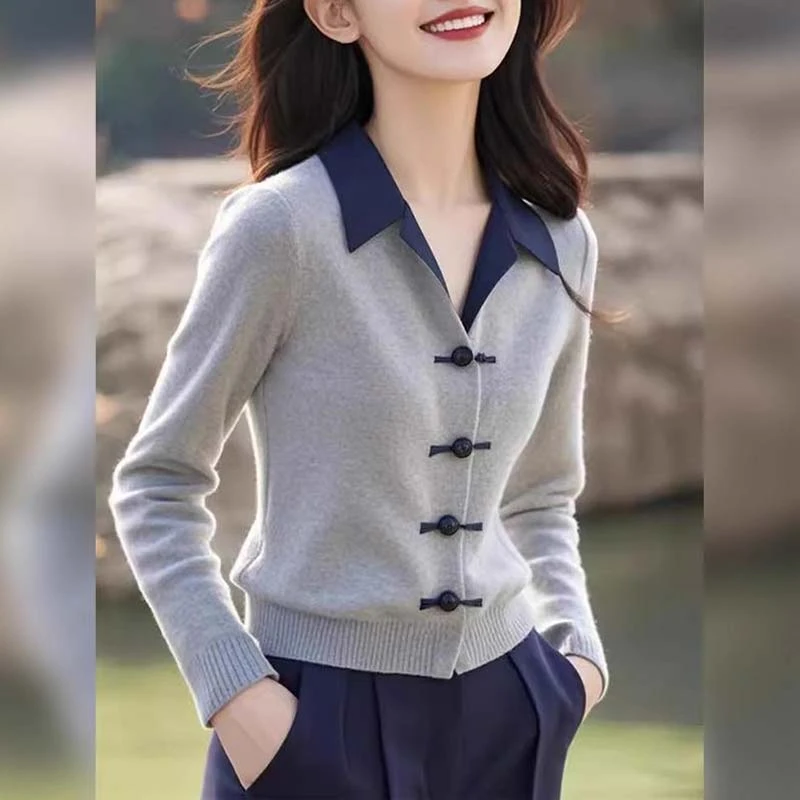 新中式国风拼接翻领针织衫毛衣女2025年春秋季新款高级感套头上衣