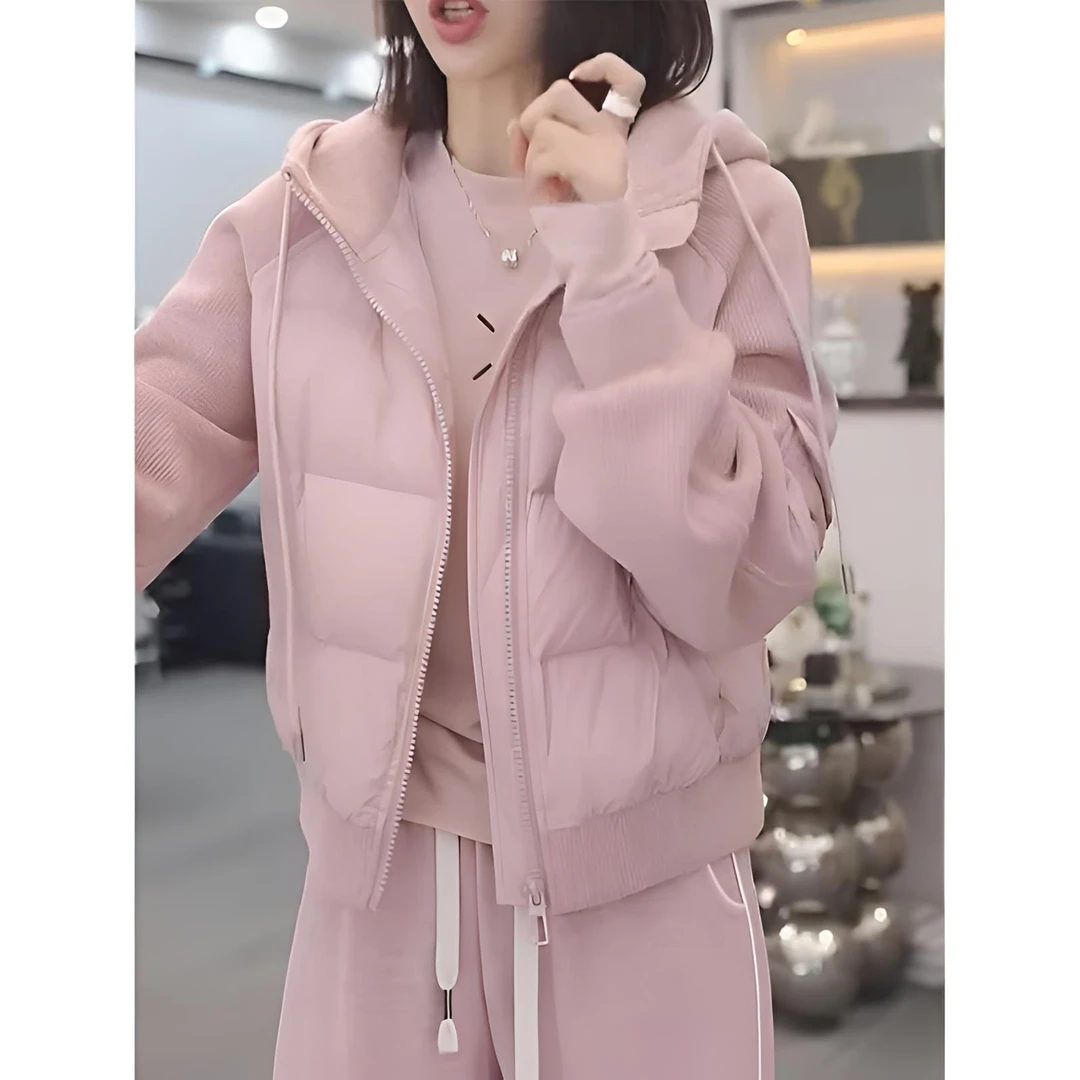 2025冬季新款韩版加厚小个子保暖棉服拼接针织衫上衣外套连帽上衣