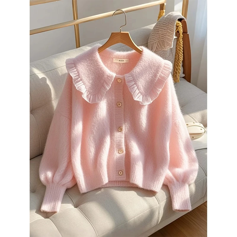 韩版时尚粉色娃娃领外套慵懒风设计感2024春秋新款女针织开衫上衣