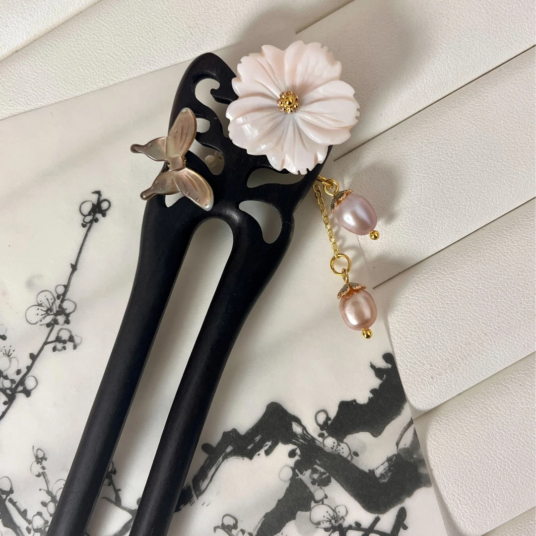 【蝶自来】手工发簪贝壳花发簪古风黑檀木发簪国风日常百搭