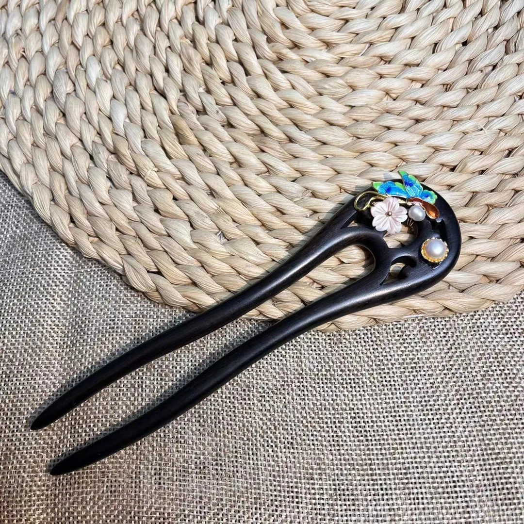 【缱绻】紫光檀黑檀双钗U型短钗秋款气质国风木发簪