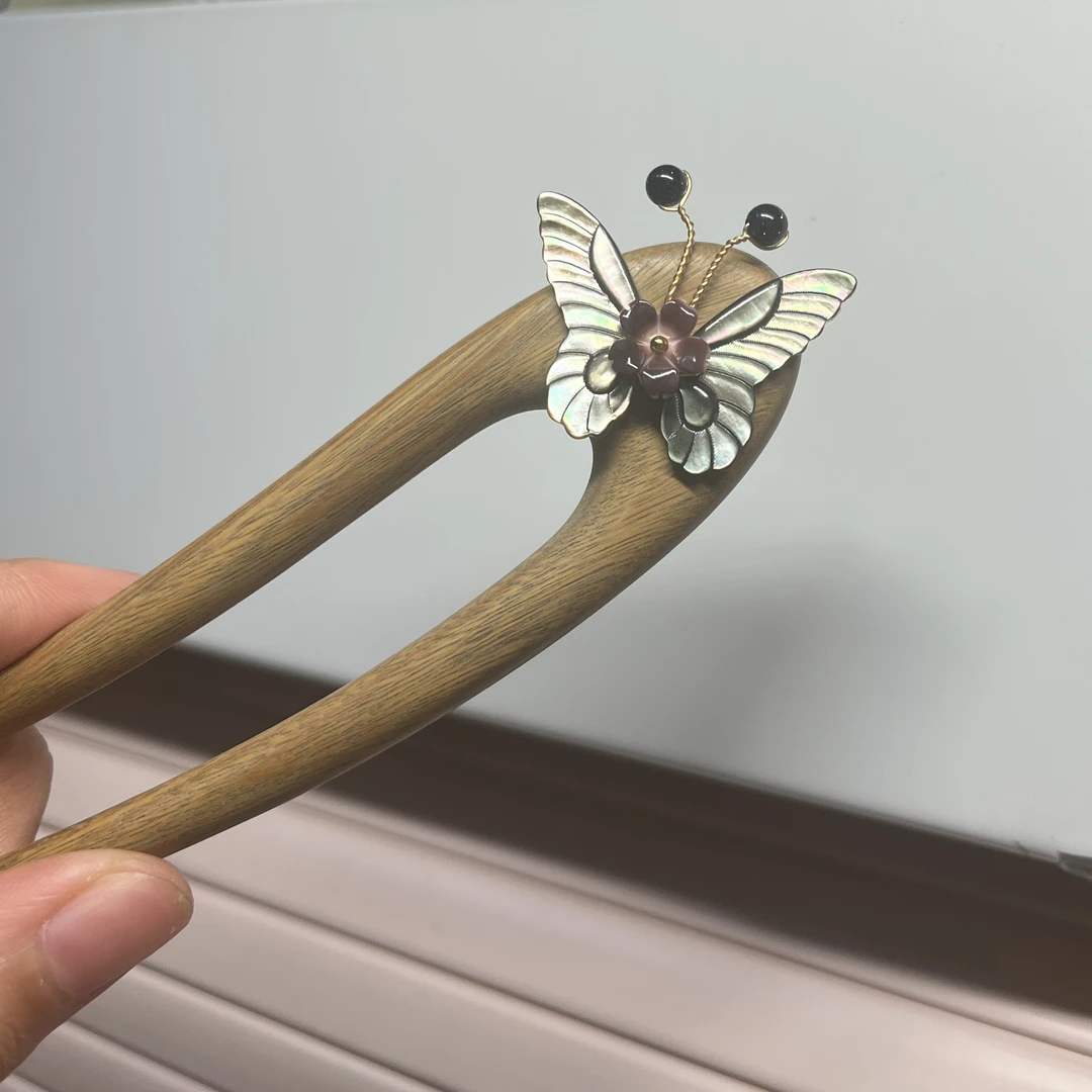 【向晚】绿檀发簪婉约蝶贝蝴蝶发簪简约百搭手工发簪子