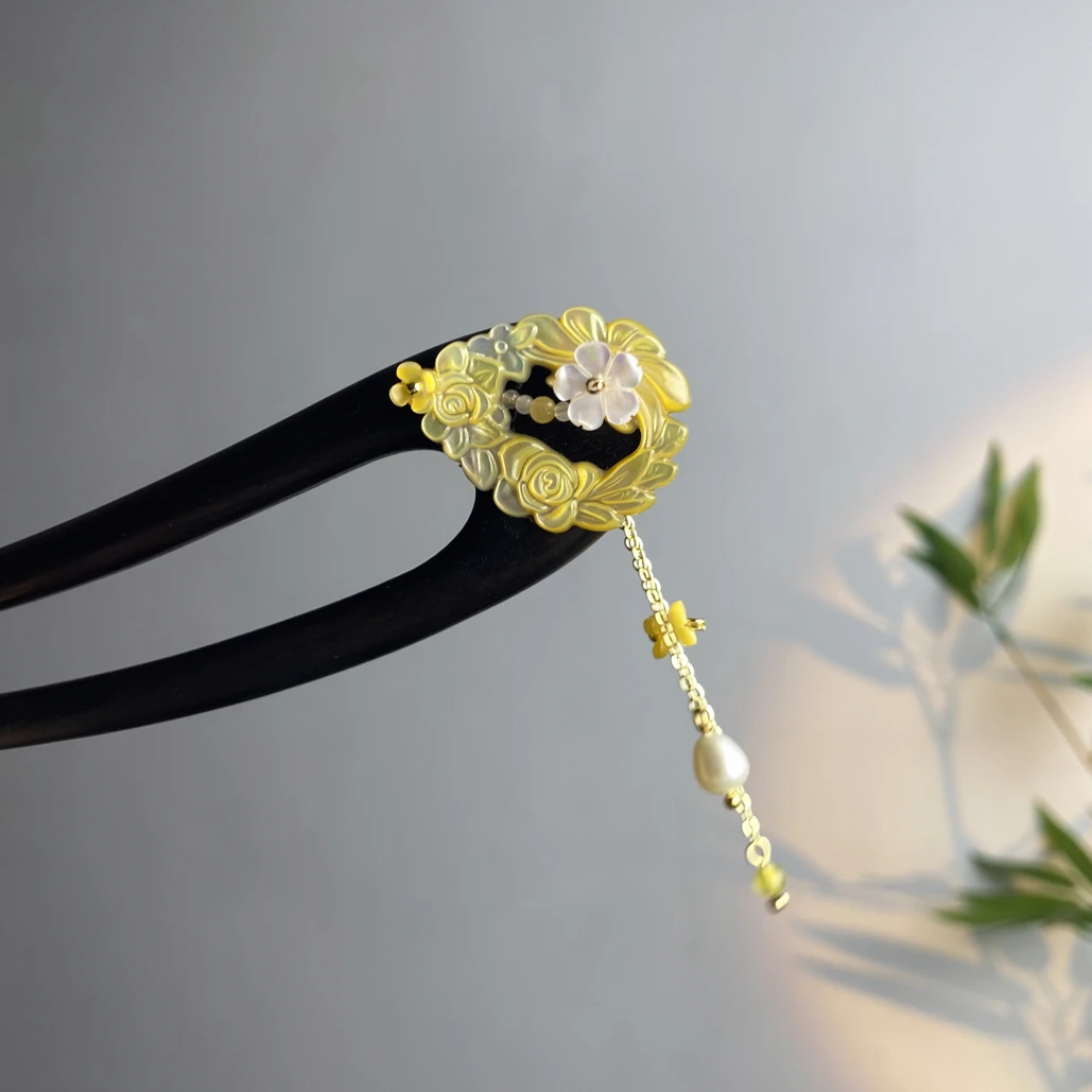 【花语赋】手工复古古风紫光檀发簪重工蝶贝发簪