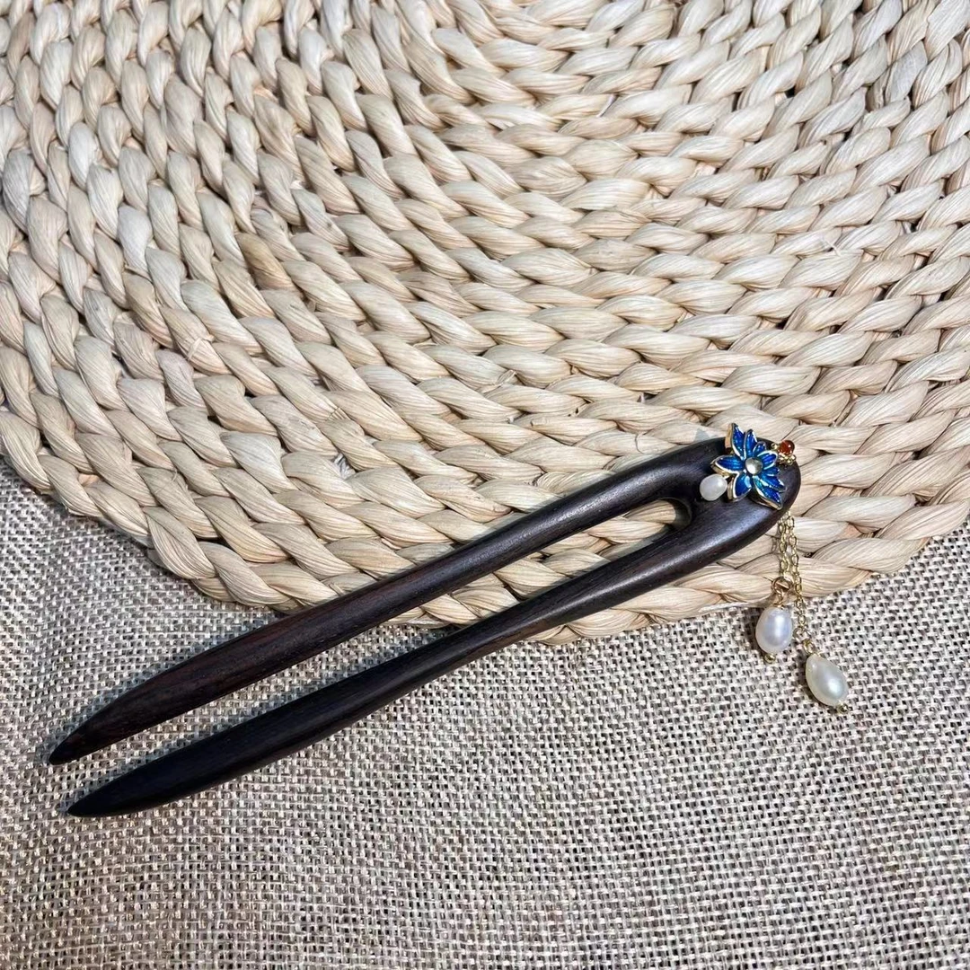 【华莲】紫光檀黑檀双钗U型复古古典短发秋款发簪手工国风