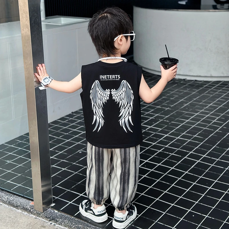 男童夏季无袖防蚊裤两件套2025新款儿童夏装运动背心套装酷帅时髦