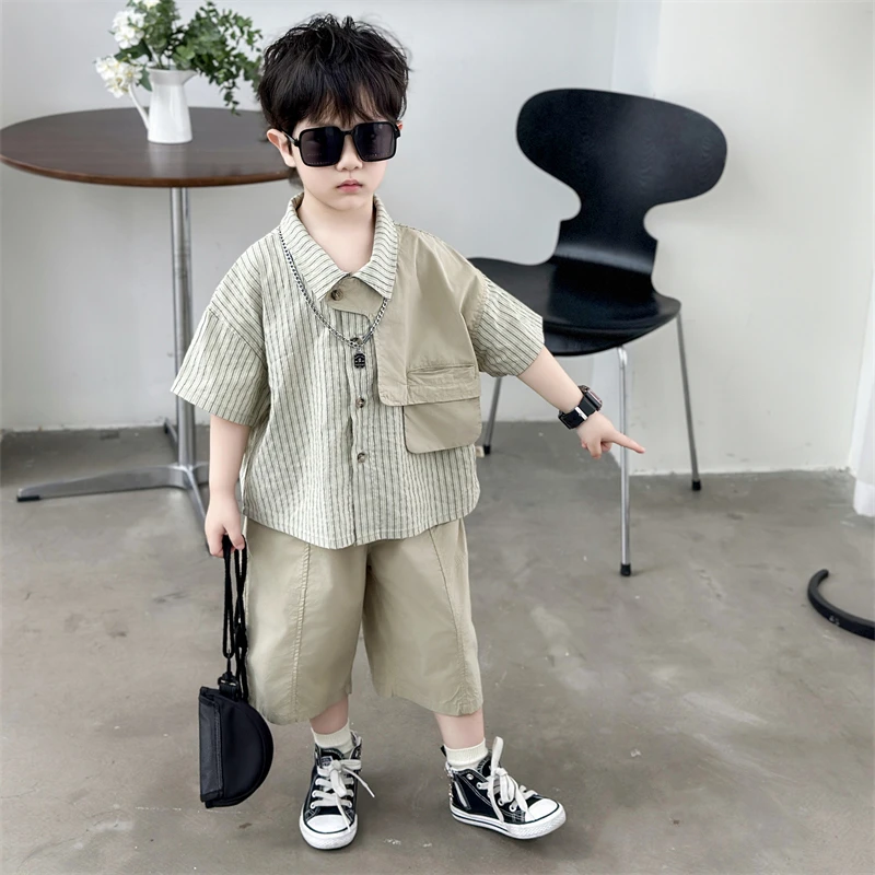 男童夏季衬衫套装2025新款潮流中小童宽松夏装痞帅宝短袖两件套