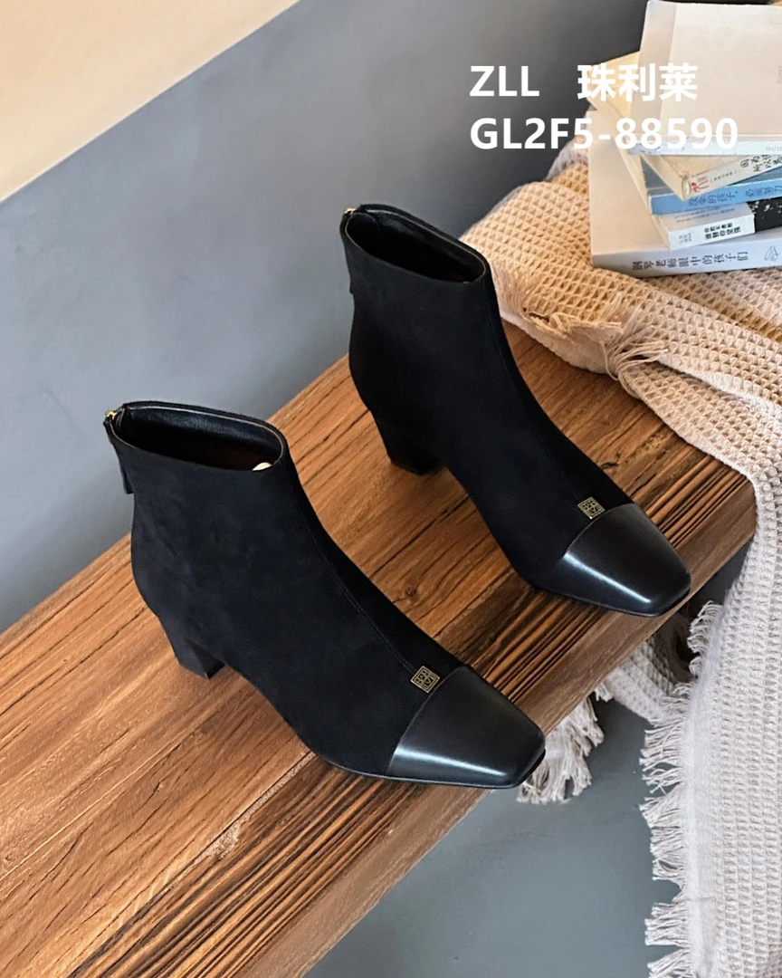 珠利莱2024冬款2F5-88590中跟后拉链加绒拼接时装短靴女靴女鞋