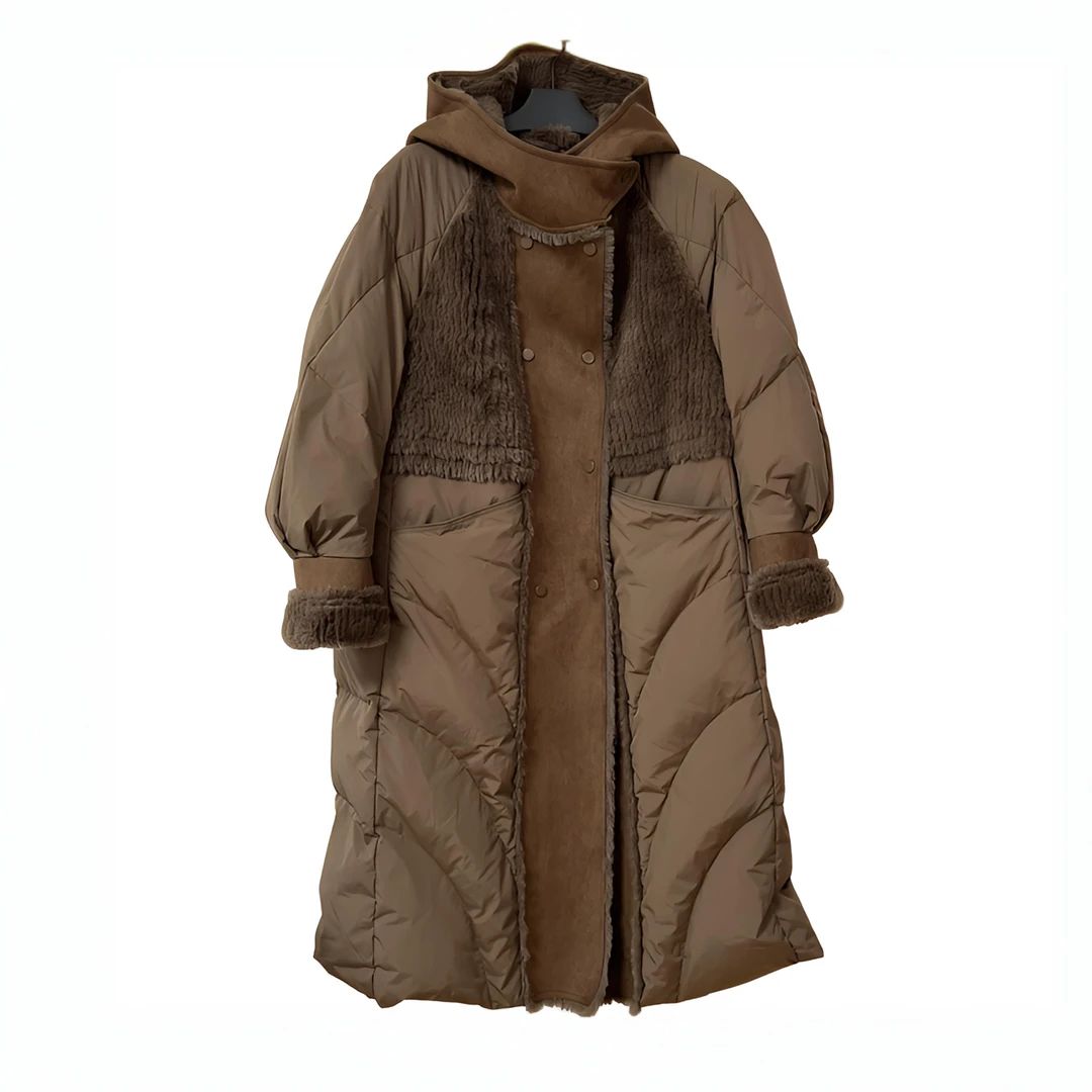 【保暖羽绒服】JJSY2024201君家三月冬季皮毛拼接连帽羽绒服中长款