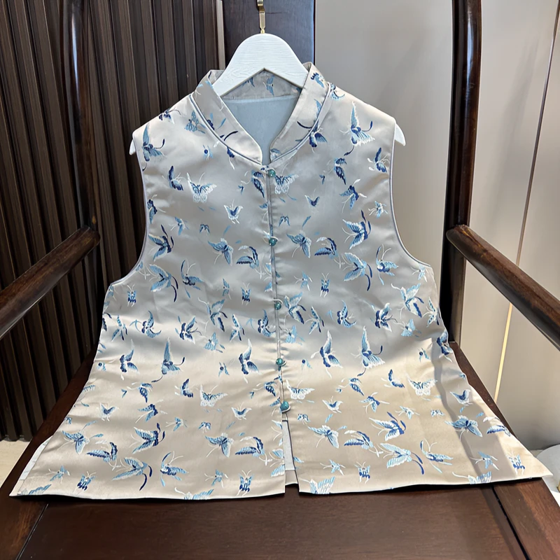 新款蓝蝴蝶织锦四季马夹