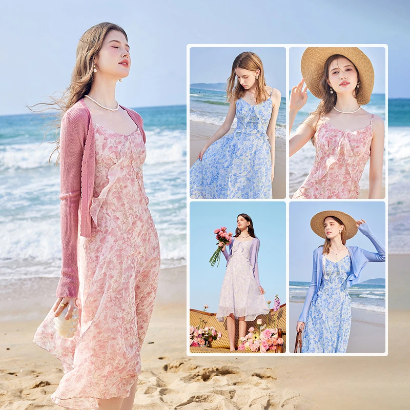 秋水伊人连衣裙两件套夏季新款女针织开衫吊带裙子623101B014174