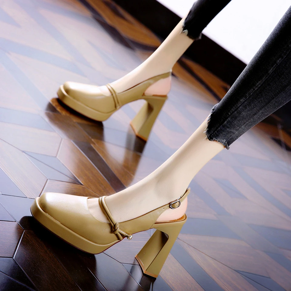 8CM[已开价]高跟鞋女2025年春季百搭后空绊带方头粗跟单鞋2A2-3