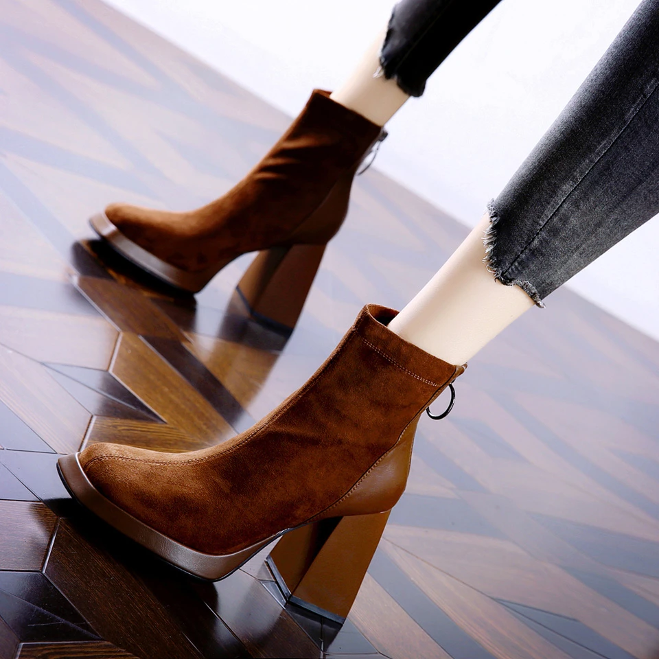 8CM[已开价]粗跟马丁靴女2025年通勤拼接磨砂方头高跟短靴315-12