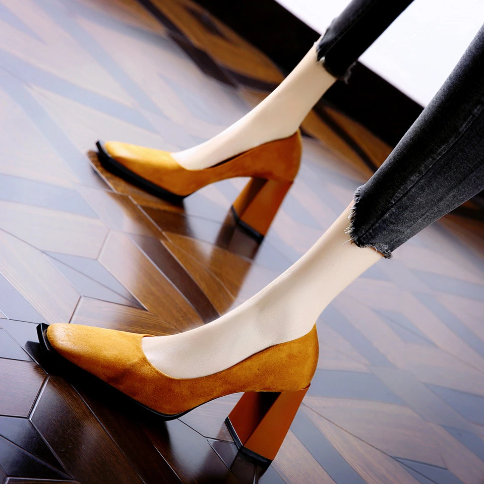 7CM[已开价]粗跟高跟鞋女2025年春季简约方头高跟单鞋1D2417-1