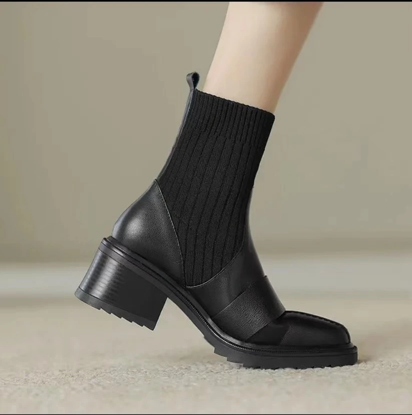 【LANDI MARY】牛皮手工复古针织英伦风方头弹力靴短靴m001