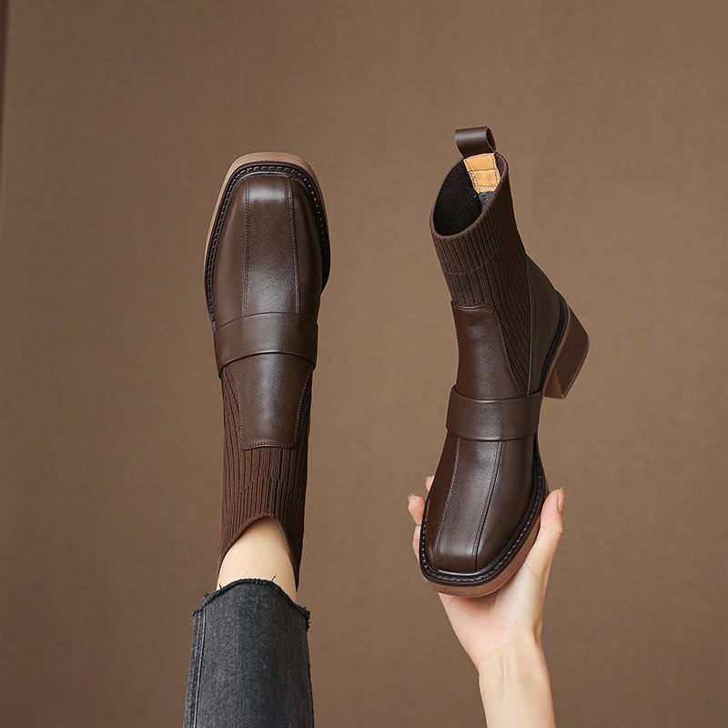 【2714】  牛皮手工靴针织英伦风方头弹力靴女短靴