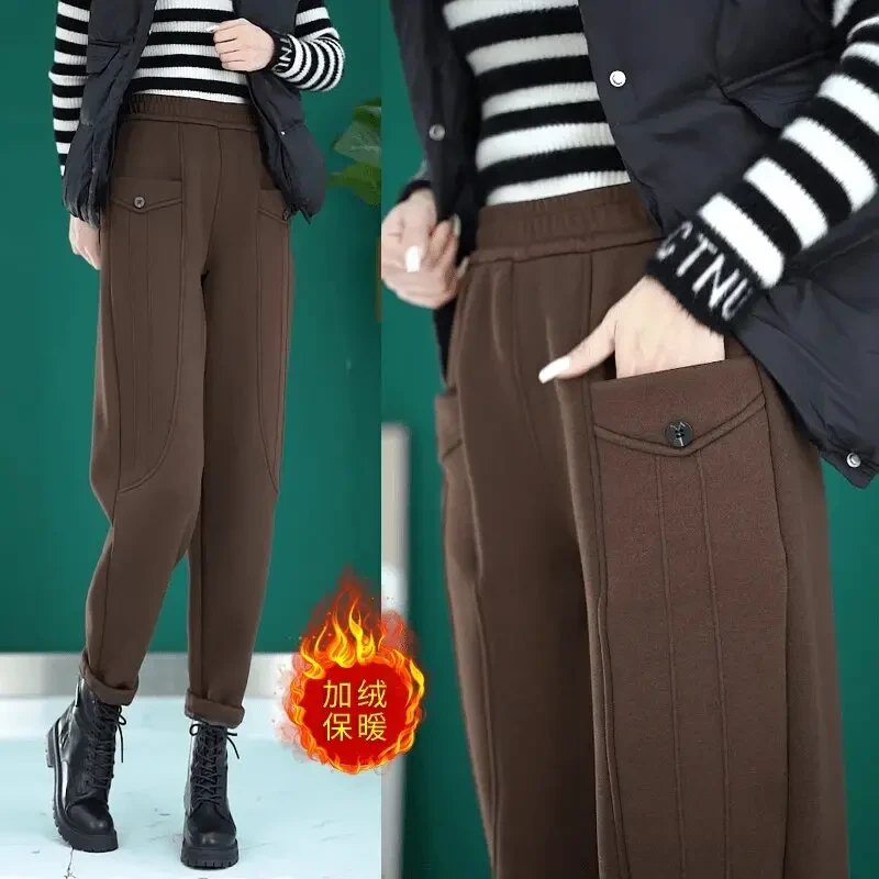 秋冬款加绒高腰百搭宽松显瘦哈伦裤女防寒保暖妈妈装时尚休闲裤LJ