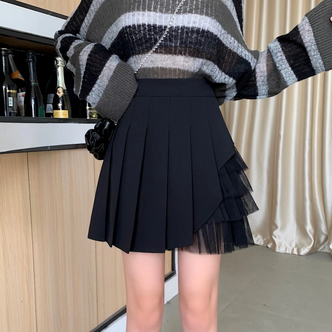 网纱拼接百褶裙大码女春季a字防走光短裙显瘦黑色半身裙学院风裙